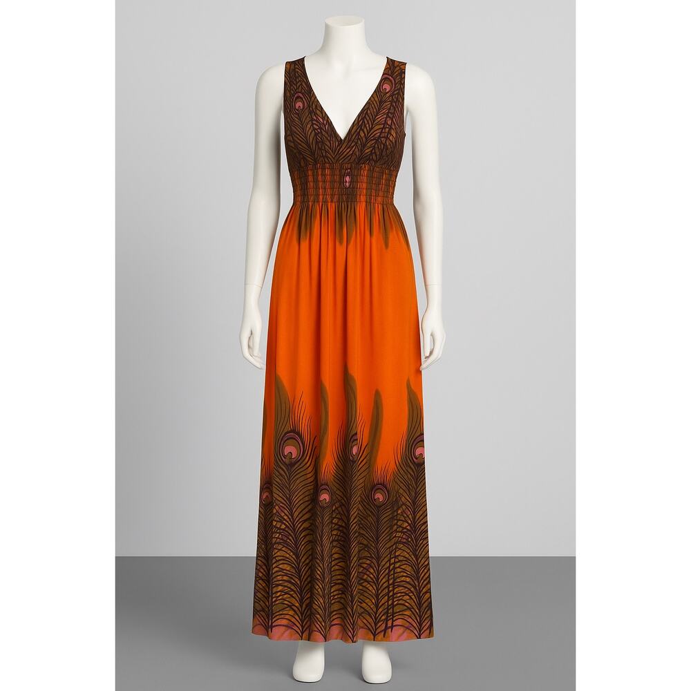Women Boho Maxi Dress with Peacock Feather Print – Size M